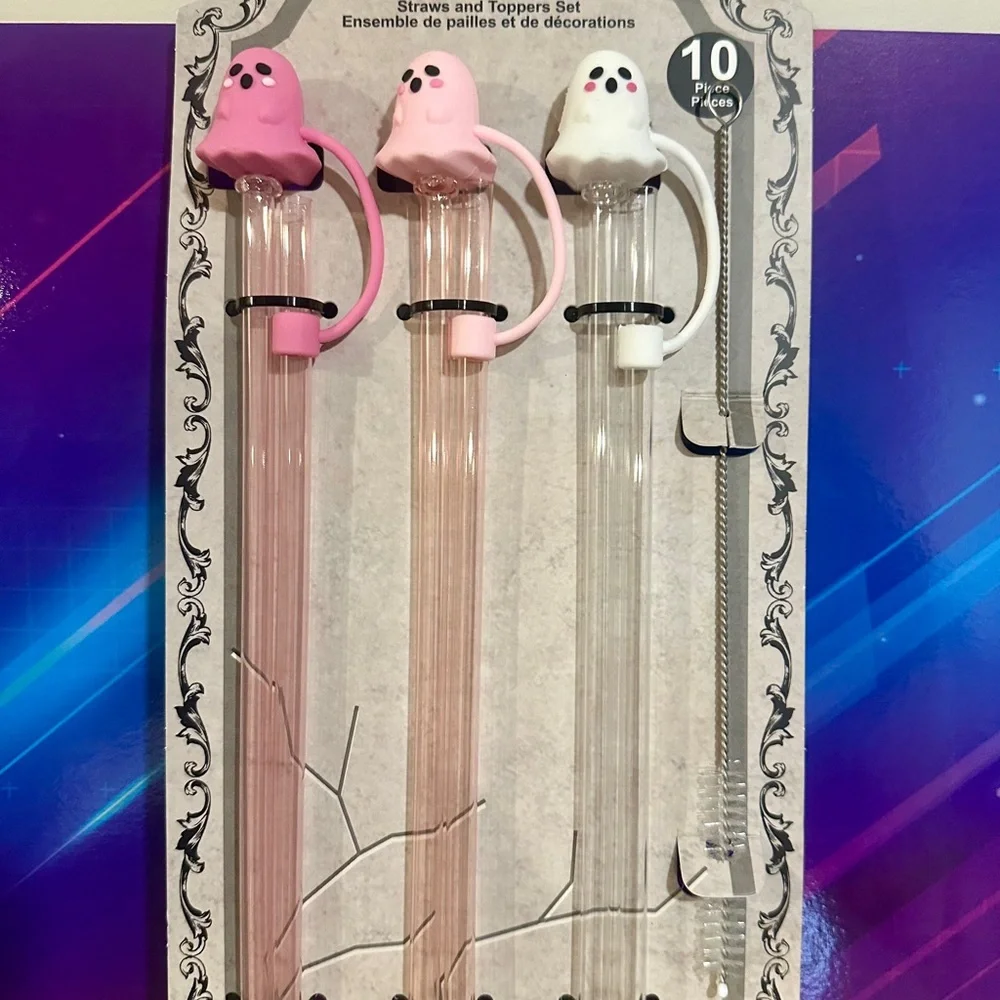 Halloween Ghost Straws and Toppers Set - Light Pink, Dark Pink, White, and brush